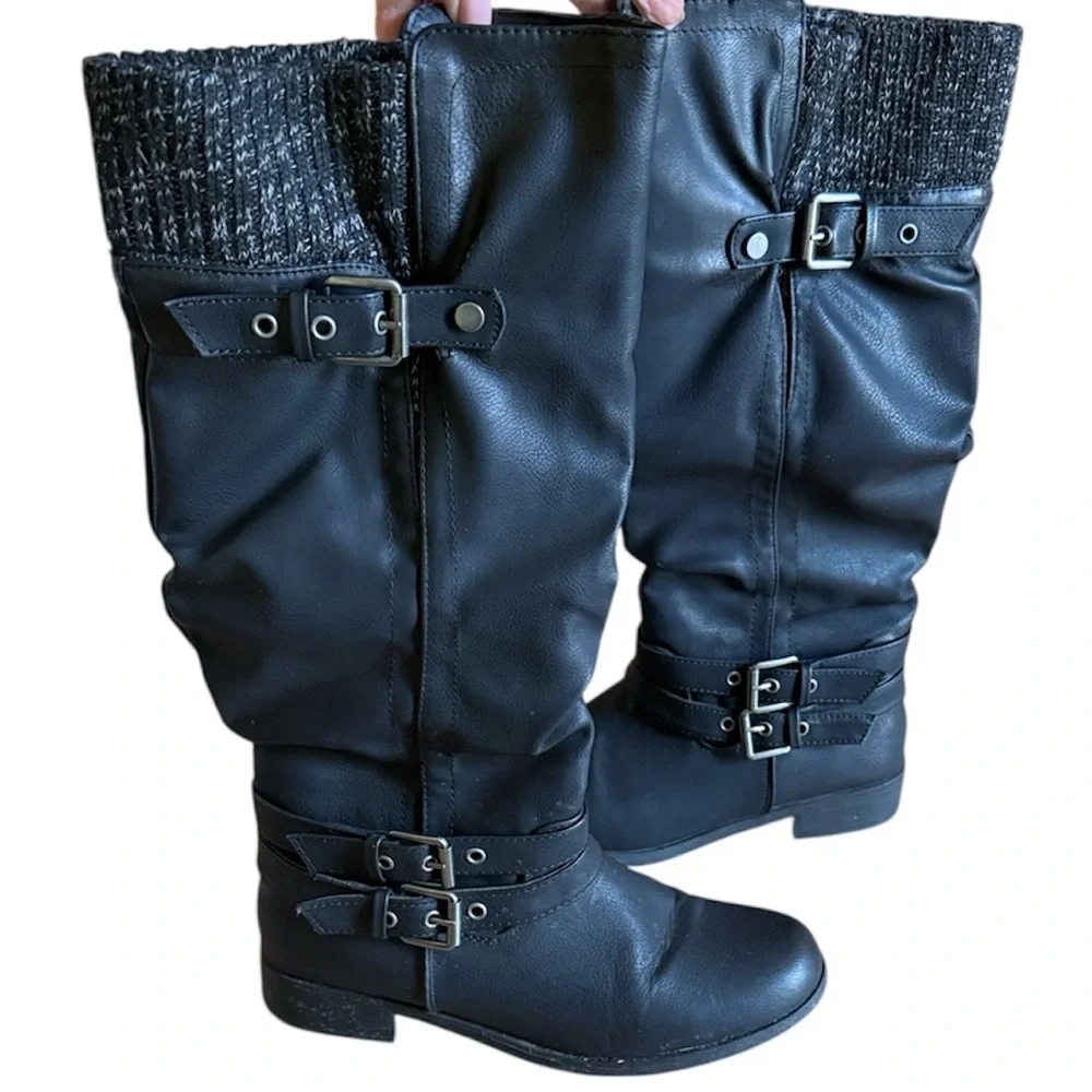 WOMENS KNEE HIGH BLACK SWEATER WESTERN RIDING BOOTS VEGAN LEATHER EUC SZ 8.5